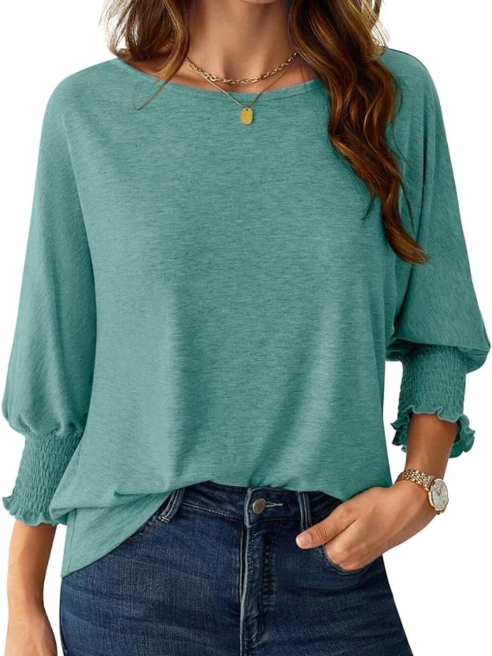 3/4 Sleeve Teal Crewneck T-Shirt with Smocked Cuffs